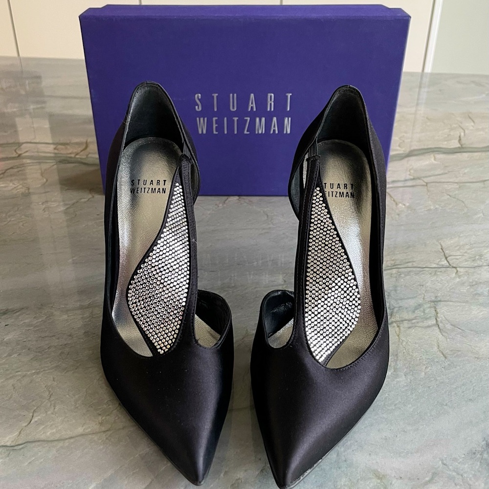 Stuart Weitzman - Swarovski Detail Black Satin Pointed Toe Pumps